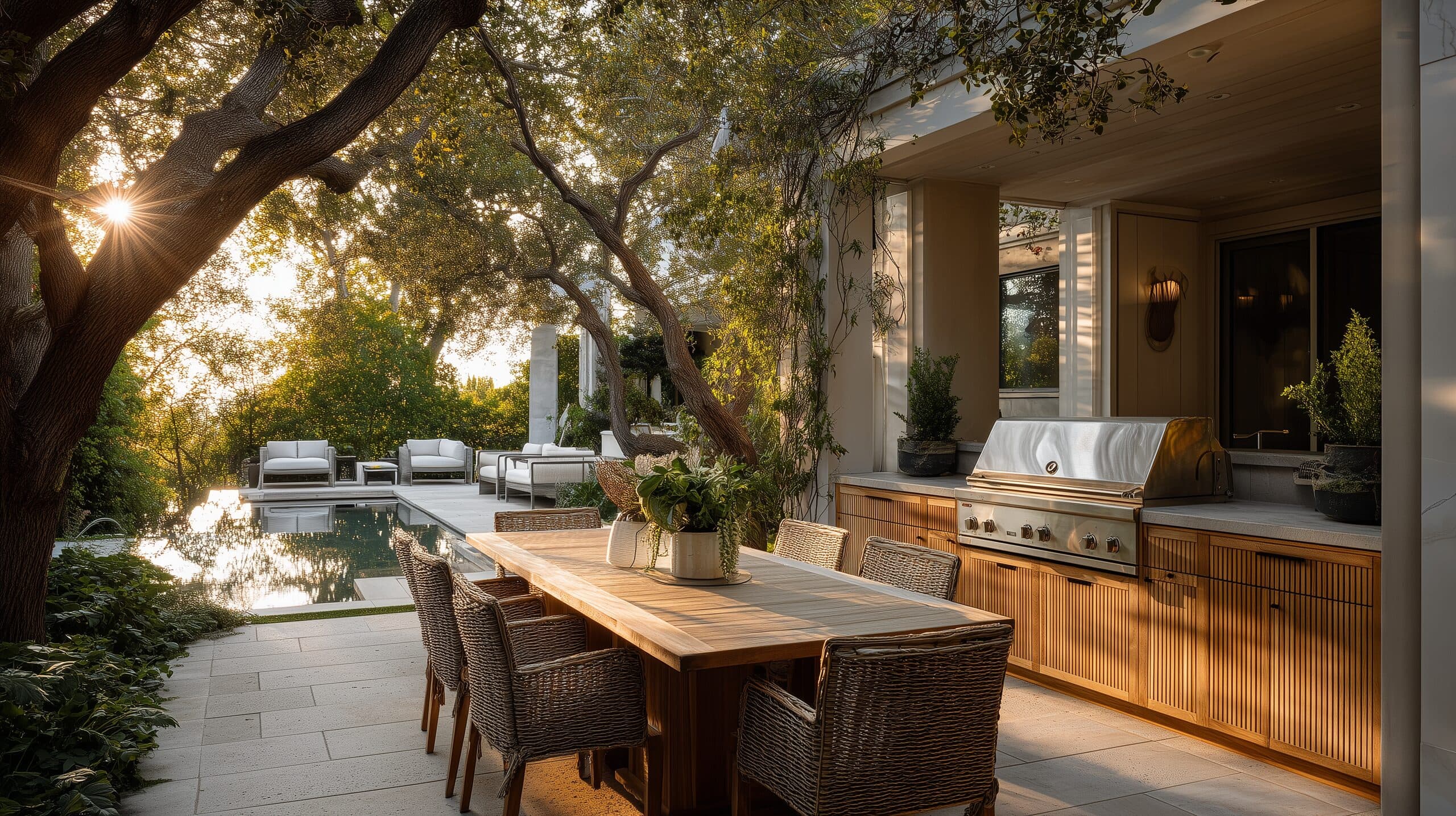 Built-in stainless grill in a wood-paneled outdoor kitchen on a backyard patio at golden hour, with a long wooden dining table, poolside lounge seating, and a mature oak