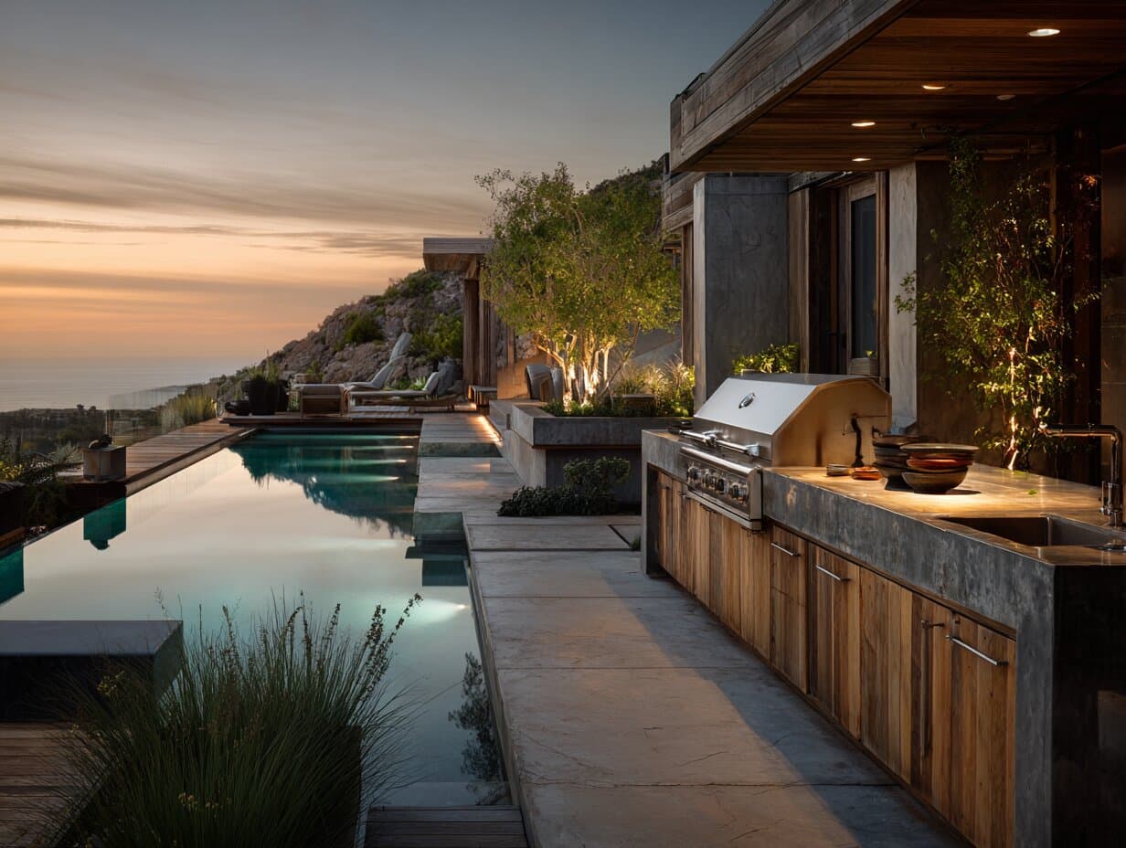 Villa patio with infinity pool at dusk