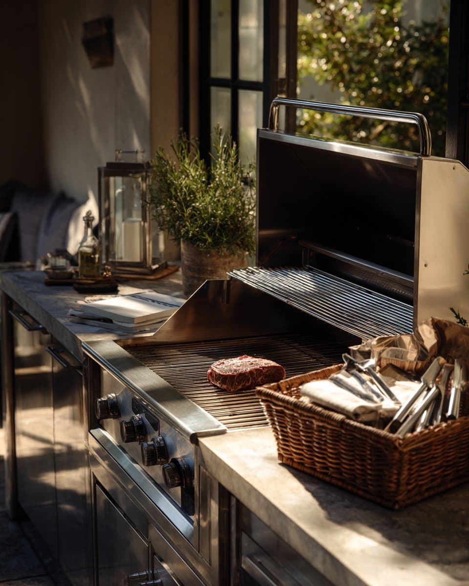 GrillValet quarterly membership visit — a valet maintaining a built-in grill at a South Bay outdoor kitchen.