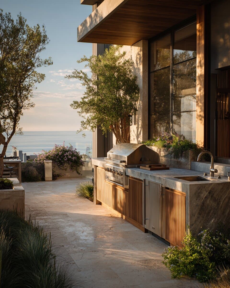 A coastal oceanfront outdoor kitchen at golden hour — a stainless built-in grill with the ocean on the horizon